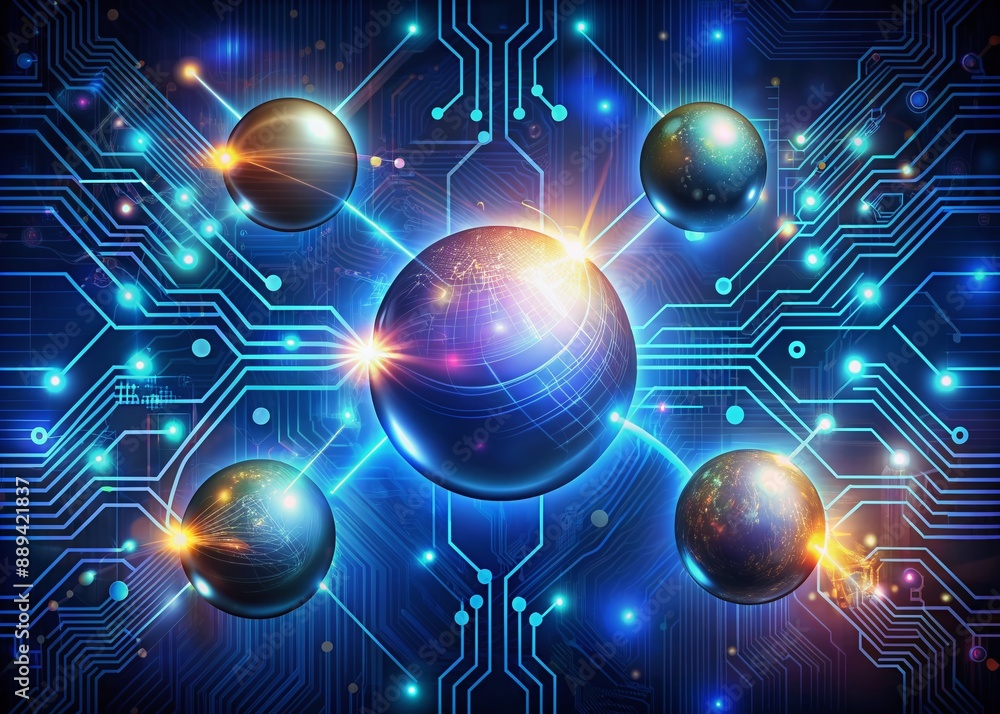 Poster vibrant glowing circuits and wires intertwine with futuristic orbs and digital patterns, set against