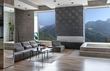 stylish minimalistic restrained modern interior of the apartment, a spacious room with a swimming...