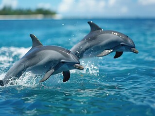 Playful Dolphins Leaping with Splashing Water in Philippines Seas - Captivating Marine Wildlife Interaction