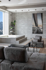 stylish minimalistic restrained modern interior of the apartment, a spacious room with a swimming pool, large panoramic windows overlooking the mountains. without people in the daytime