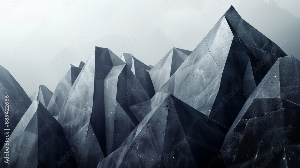 Aufkleber an abstract 3d rendering of polygonal black surfaces in a studio