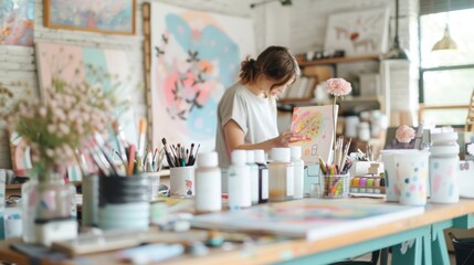 A female artist engrossed in painting within a bright and colorful studio, surrounded by art supplies and finished artworks.