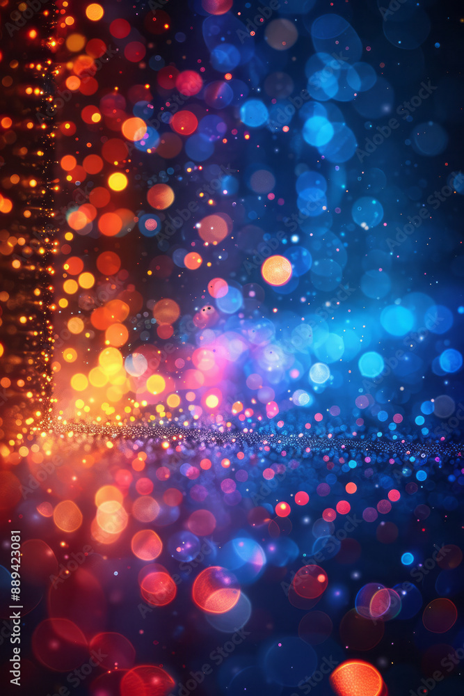 Poster vibrant bokeh lights in different colors forming an abstract, grid-like pattern on a dark background