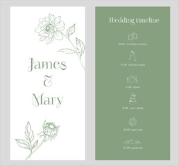 Wedding timeline template with one line concept. Organization and planning of wedding day. Ceremony, cutting cake, dinner, party time, coctails	