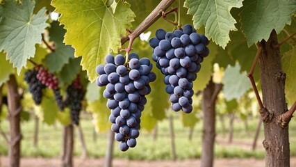 Fototapeta premium Ripe Grapes in Lush Vineyard Vibrant Purple and Green Harvest