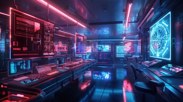 A dreamlike view of an AI research lab with floating monitors and holographic research data