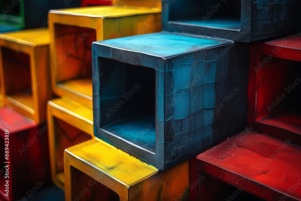 Poster an intricate geometric pattern of interlocking 3d cubes in bold colors, set against a dark backgroun