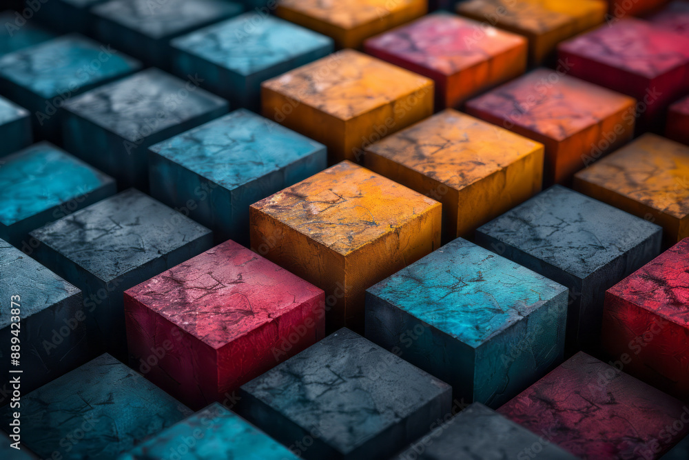 Poster an intricate geometric pattern of interlocking 3d cubes in bold colors, set against a dark backgroun
