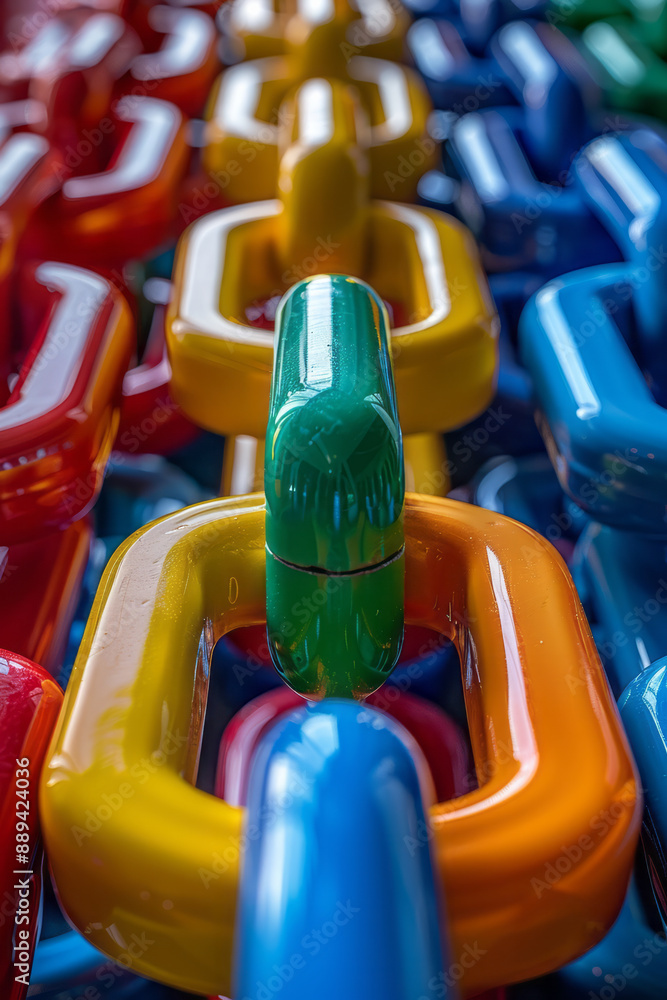 Poster interlocking 3d cubes in bright primary colors, forming a complex geometric pattern against a white 