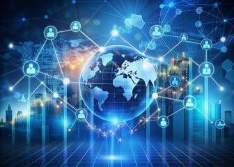 Global healthcare network connections on virtual screen display rapid business growth graph, surrounded by medical technology and virtual hospital elements, representing telemedicine advancements.