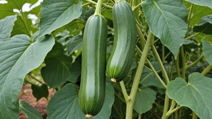 Abundant Harvest Green Zucchinis Hanging on Lush Plant