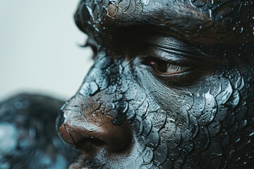 Abstract depiction of a person with fish scales forming intricate designs on their skin, set against a solid white background,
