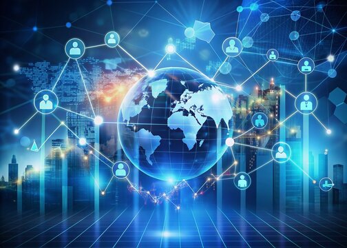 Global healthcare network connections on virtual screen display rapid business growth graph, surrounded by medical technology and virtual hospital elements, representing telemedicine advancements.