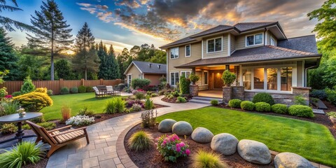 A beautiful backyard with a garden showcasing the outdoor space and natural beauty of a home for sale in photo realistic as beautiful backyard with garden concept.