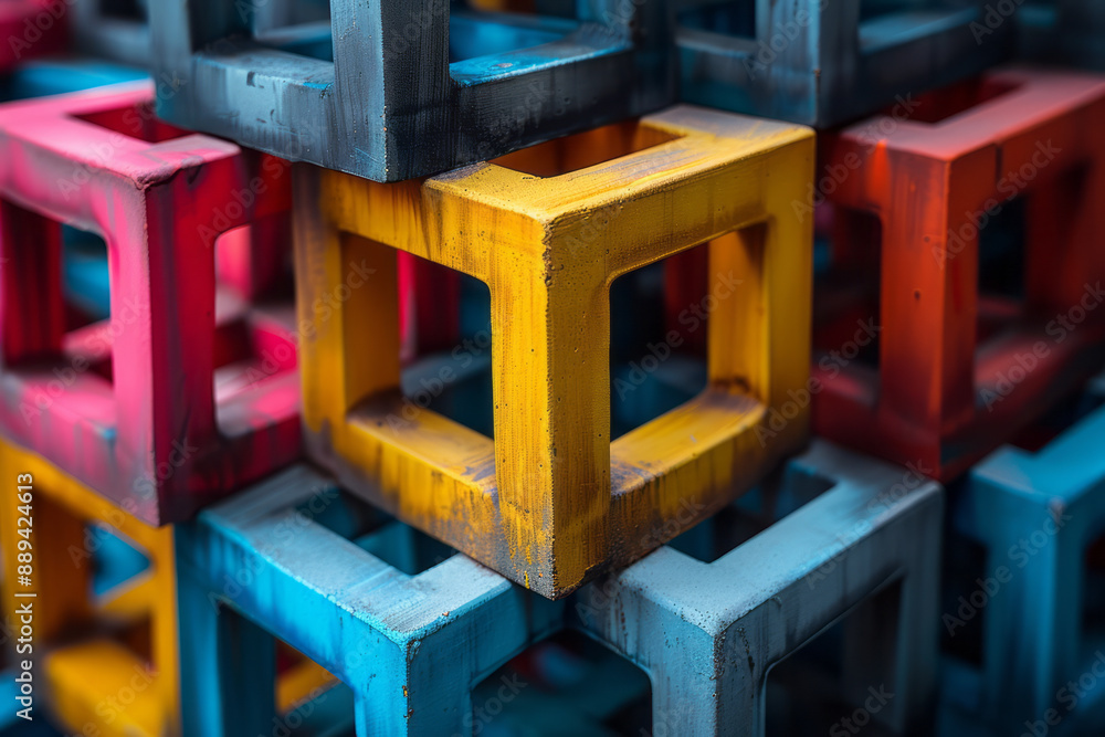 Aufkleber an intricate design of interlocking 3d cubes in various bright colors, forming an abstract geometric