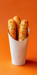 Three crispy, seasoned mozzarella sticks standing in a white paper cup against an orange background, highlighting a delicious snack.