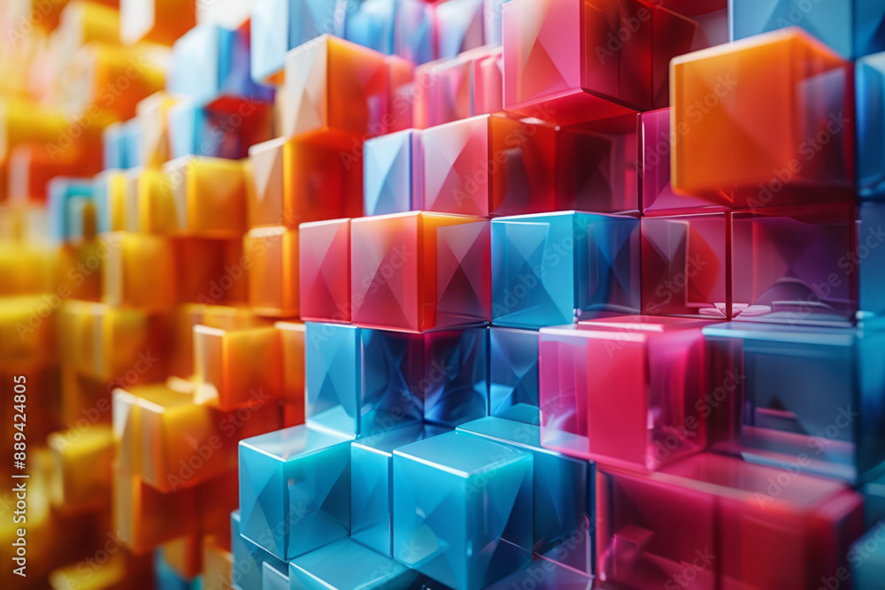 Aufkleber interlocking 3d cubes in bold colors forming a dynamic geometric pattern against a plain white backg