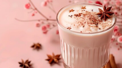 Spiced Chai Latte with frothy milk brewed with cinnamon and aromatic spices. Concept Warm beverage, Chai tea, Spices, Frothy
