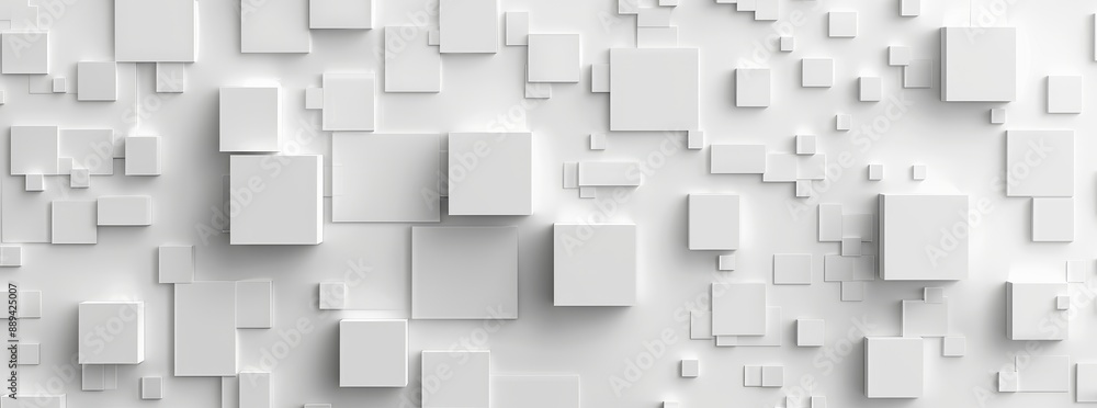 Poster white cube boxes shifted randomly on a white background with copy space
