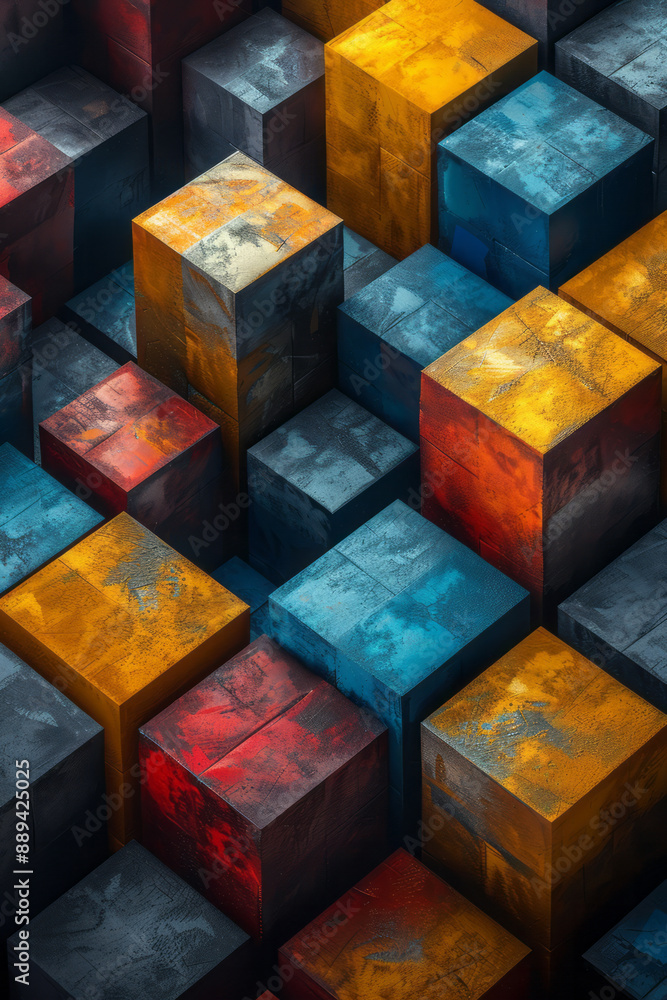 Poster a minimalist design with bright, colorful 3d cubes interlocking in an abstract geometric pattern on 