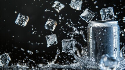 Empty aluminium can mockup with flying ice cubes