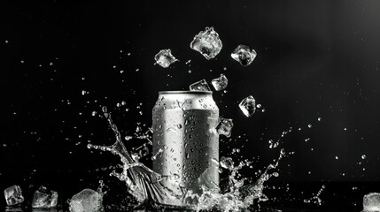 Empty aluminium can mockup with flying ice cubes