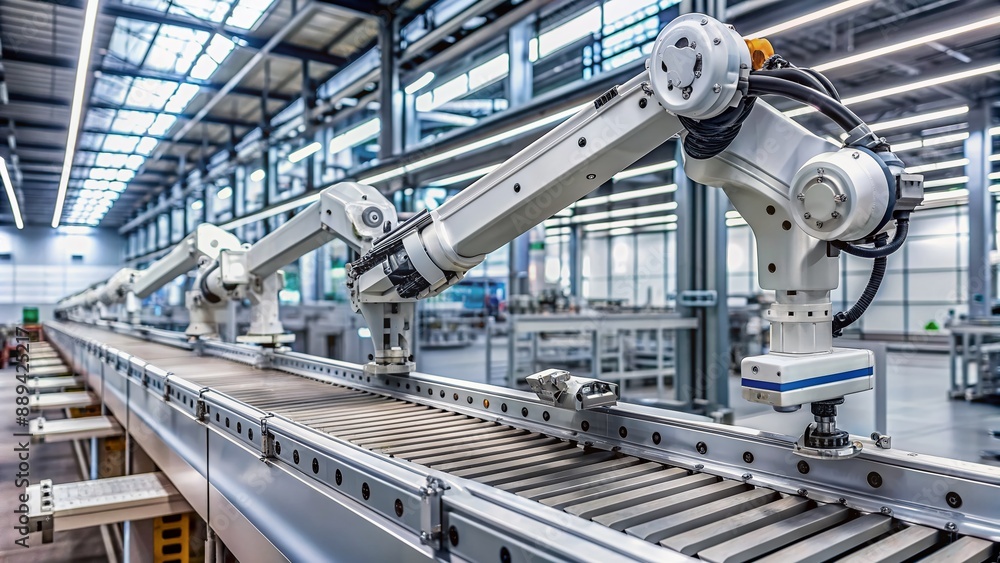 Aufkleber a sleek silver industrial robot arm with articulated joints and suction cups precisely assembles com