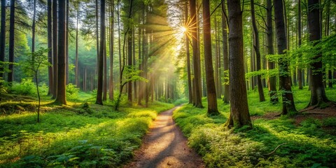 Fototapeta premium A serene forest landscape with a litter-free trail, showcasing the positive impact of environmental activism, with lush greenery and a calm atmosphere prevailing.