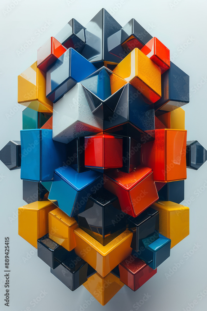 Poster interlocking 3d cubes in bold colors forming a dynamic and complex geometric pattern against a plain