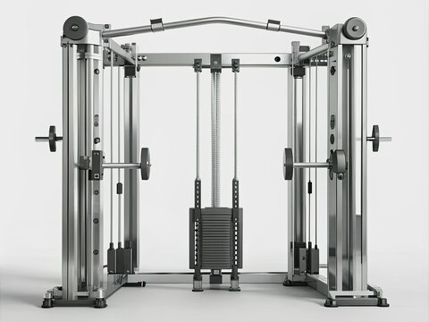 Modern isolated cable crossover machine with dual pulley system stands alone on a pure white background, showcasing its sleek design and functional beauty.