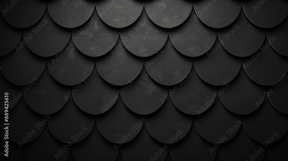 Poster Dark 3D background with a Fish Scale block structure. Wall texture with 3D tile pattern.