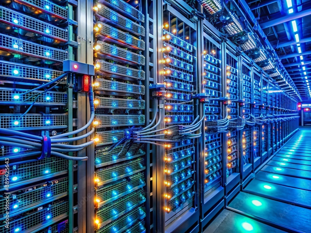 Aufkleber rows of humming servers lined with blinking lights and cables, storing and processing vast amounts o