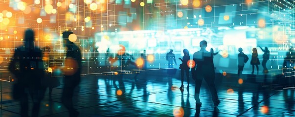 Fototapeta premium Blurred silhouettes of business professionals in a meeting room, with a large window showing a city skyline