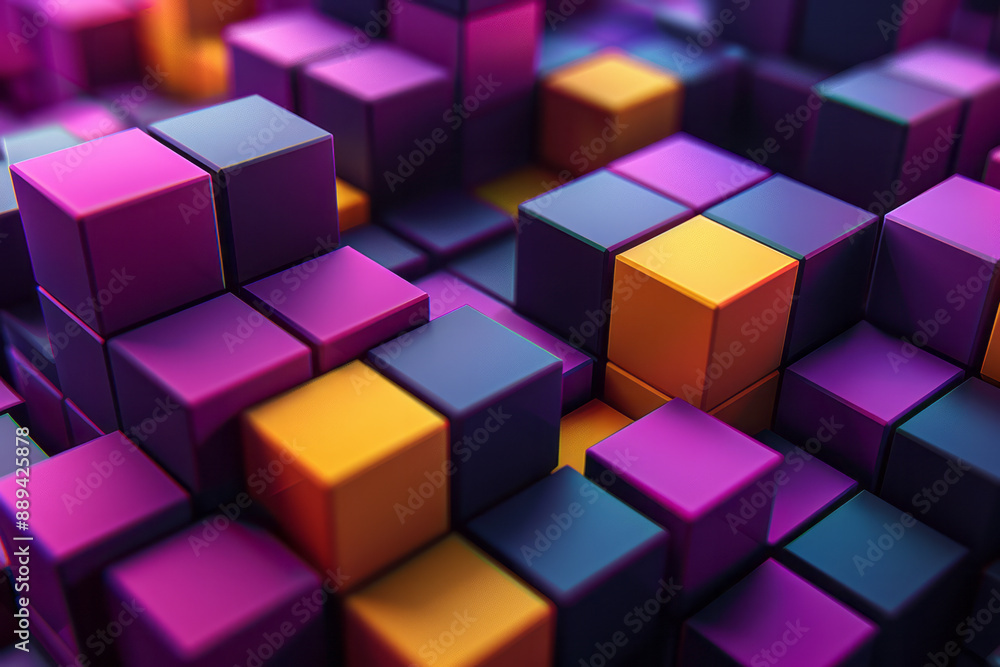 Poster an abstract geometric pattern with alternating purple and yellow 3d cubes, forming a seamless design