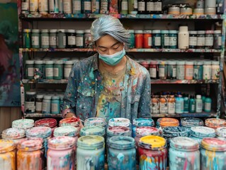 Creative Moment - Artist at Work in Hong Kong Studio with Focus on Detailed Art Supplies