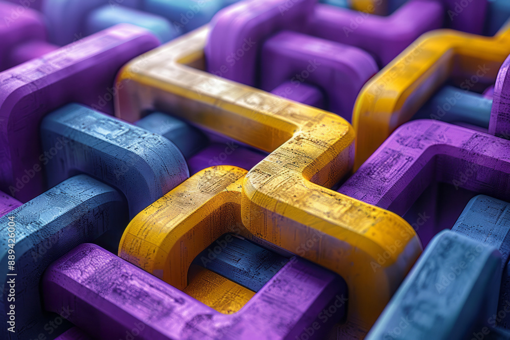 Aufkleber a complex geometric pattern of interlocking purple and yellow 3d cubes, creating a sense of depth,