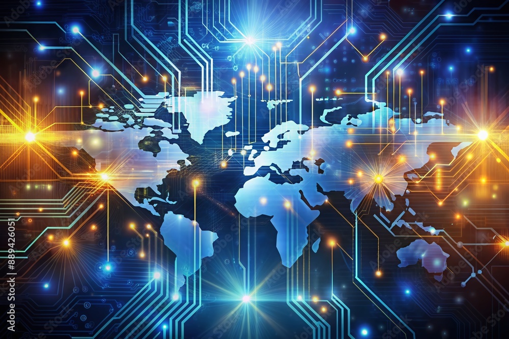 Aufkleber futuristic abstract background with glowing circuits, wires, and microchips, representing global dig