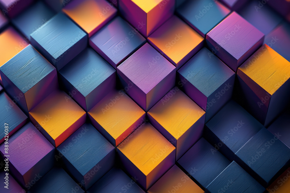Poster a repeating geometric pattern with 3d cubes in shades of purple and yellow, creating a dynamic visua