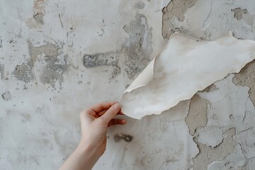 Peeling old wallpaper off plasterboard by hand.