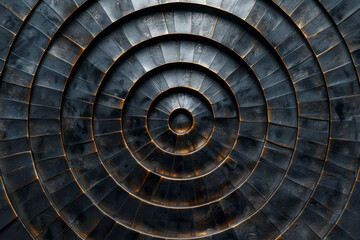 Fototapeta premium Dynamic concentric circular pattern with a reflective metallic finish, creating a visually striking effect on a dark background,