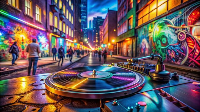 Urban street scene with vibrant graffiti, neon lights, and a spinning turntable, evoking a dynamic atmosphere of youthful energy and hip-hop culture.