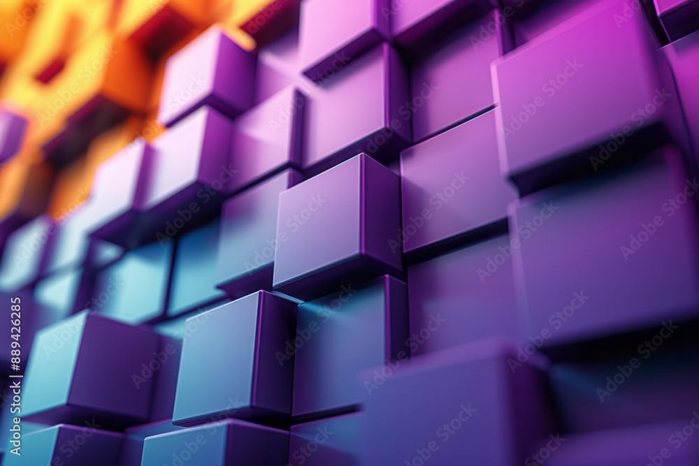 Poster an abstract geometric background with purple and yellow 3d cubes, creating a modern and stylish look