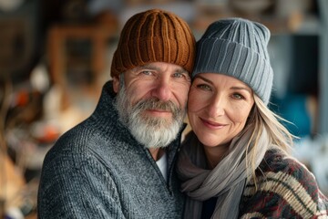 Fototapeta premium Portrait of a tender caucasian couple in their 50s donning a warm wool beanie on stylized simple home office background