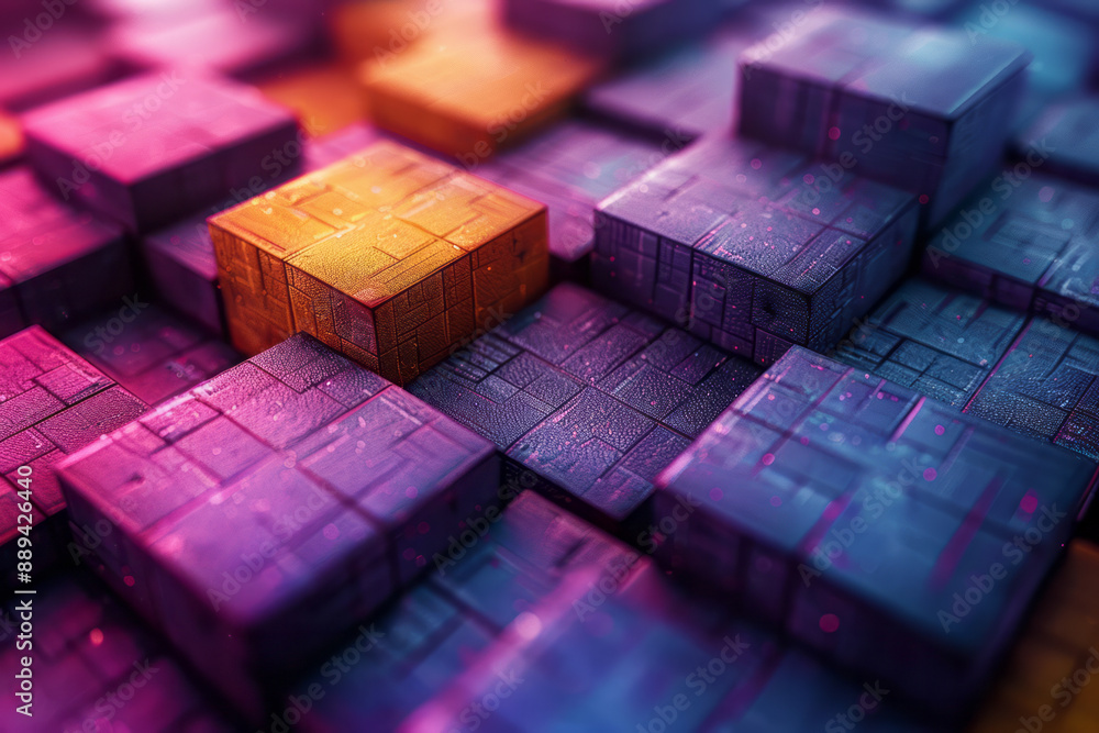 Poster an intricate geometric pattern with 3d cubes in varying shades of purple and yellow, creating a text