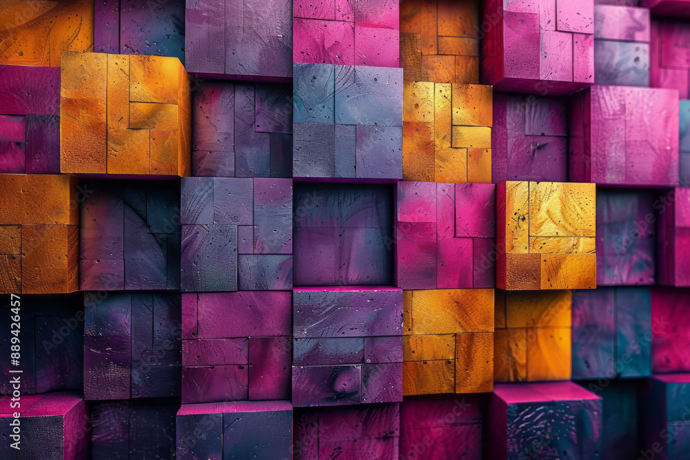 Poster an intricate geometric pattern with 3d cubes in varying shades of purple and yellow, creating a text