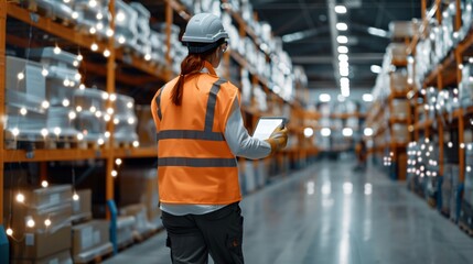 Future Technology Integration in Industrial Warehouse Worker in Safety Gear with Tablet and Holographic Screens Displaying Data