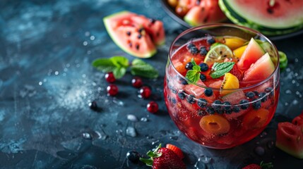 Subak Hwachae cocktail, Korean traditional watermelon punch salad drink, with a lot of fruit slices, with tapioca boba pearl