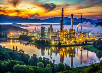 Fototapeta premium Majestic refinery tower rises above industrial plant at twilight, surrounded by serene natural landscape of rolling hills, misty forests, and a tranquil lake.