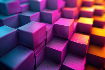 Fototapeta premium A repeating pattern of purple and yellow 3D cubes, with a gradient effect adding depth to the geometric design,