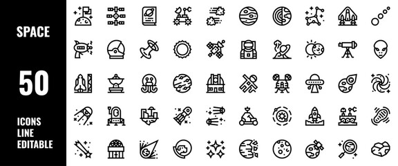 50 Space Icons Set Line Editable Vector Illustration